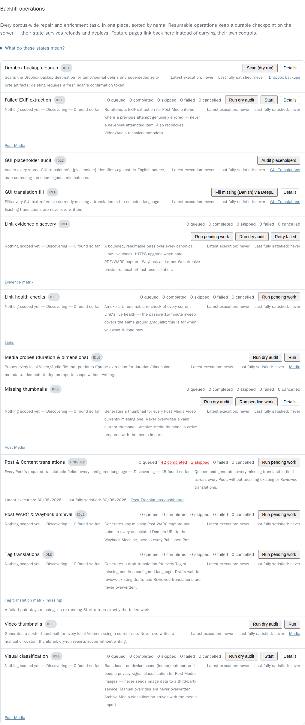 The Backfill operations section, sorted by name, with each row's own current state